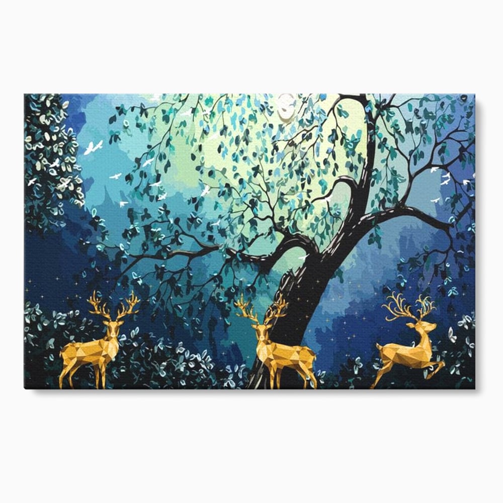 Fotoleinwand Canvas Premium, LuxCanva® M1244, Goldener Hirsch Tanz, Goldener Hirsch, Wald, Baum, Blätter, Nacht, Golden, Nacht, Golden, Hirsch, Magie, Hell, Mond, Mondlicht, Natur, Büro, Wohnen, Kinderzimmer