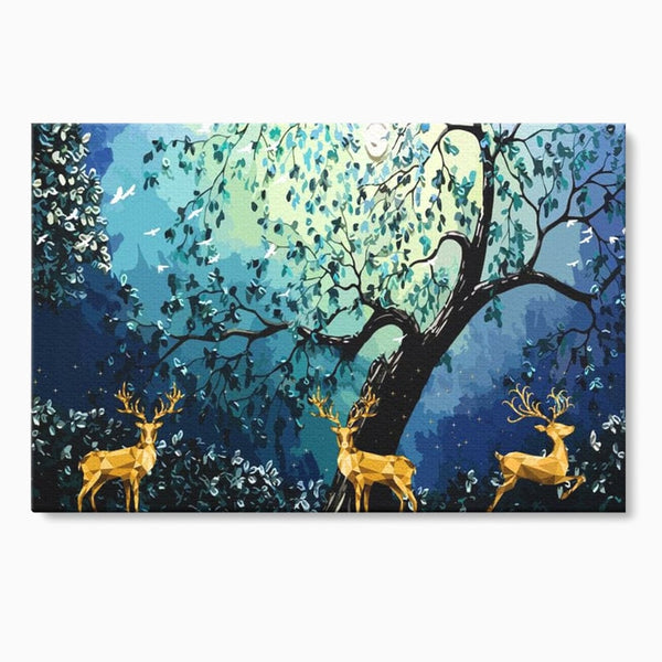 Fotoleinwand Canvas Premium, LuxCanva® M1244, Goldener Hirsch Tanz, Goldener Hirsch, Wald, Baum, Blätter, Nacht, Golden, Nacht, Golden, Hirsch, Magie, Hell, Mond, Mondlicht, Natur, Büro, Wohnen, Kinderzimmer