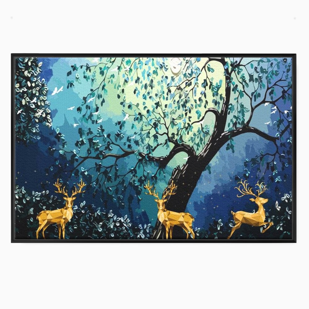Fotoleinwand Canvas Premium, LuxCanva® M1244, Goldener Hirsch Tanz, Goldener Hirsch, Wald, Baum, Blätter, Nacht, Golden, Nacht, Golden, Hirsch, Magie, Hell, Mond, Mondlicht, Natur, Büro, Wohnen, Kinderzimmer