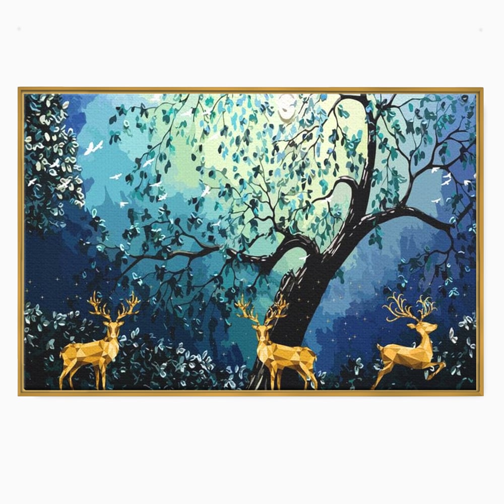Fotoleinwand Canvas Premium, LuxCanva® M1244, Goldener Hirsch Tanz, Goldener Hirsch, Wald, Baum, Blätter, Nacht, Golden, Nacht, Golden, Hirsch, Magie, Hell, Mond, Mondlicht, Natur, Büro, Wohnen, Kinderzimmer