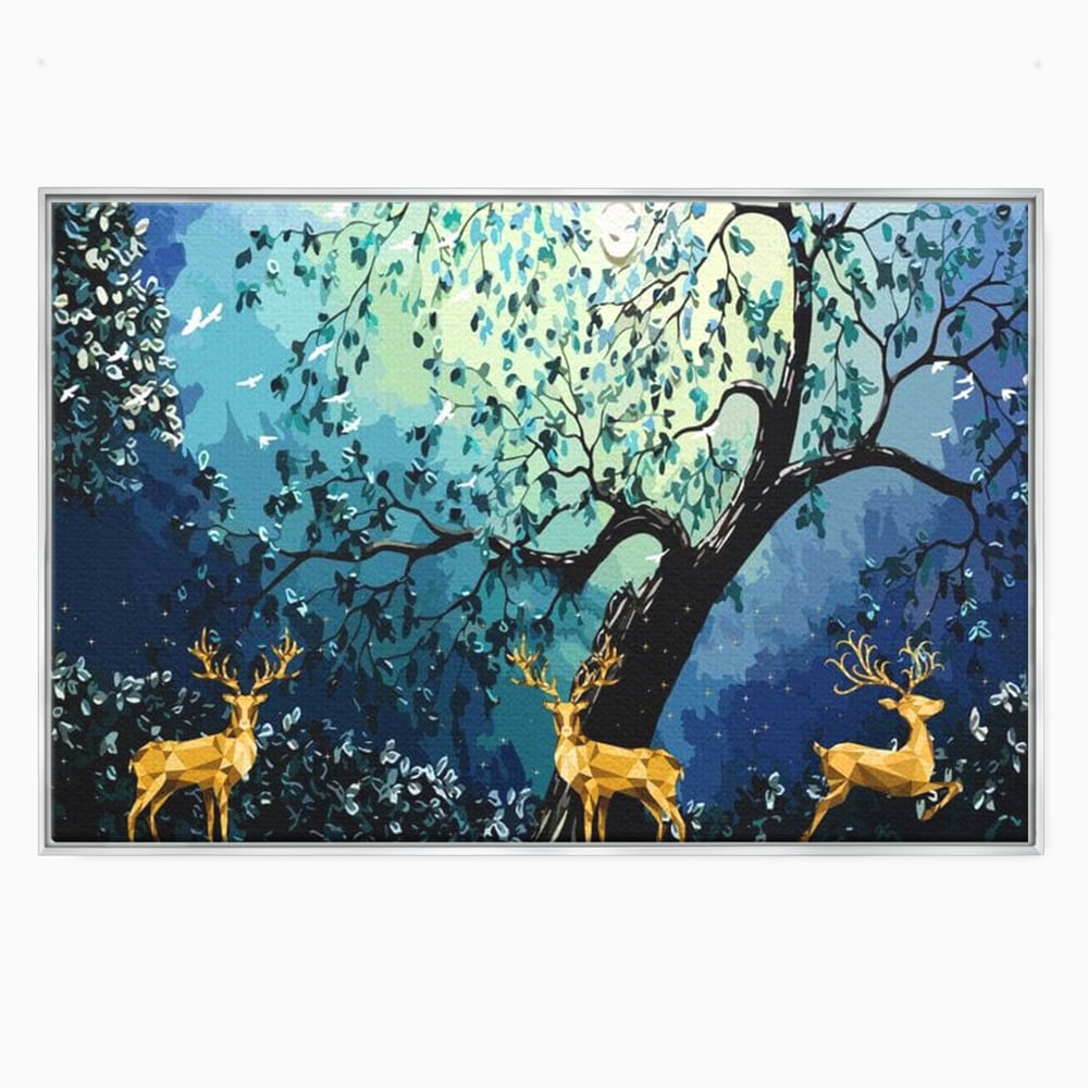 Fotoleinwand Canvas Premium, LuxCanva® M1244, Goldener Hirsch Tanz, Goldener Hirsch, Wald, Baum, Blätter, Nacht, Golden, Nacht, Golden, Hirsch, Magie, Hell, Mond, Mondlicht, Natur, Büro, Wohnen, Kinderzimmer