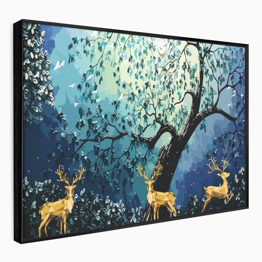 Fotoleinwand Canvas Premium, LuxCanva® M1244, Goldener Hirsch Tanz, Goldener Hirsch, Wald, Baum, Blätter, Nacht, Golden, Nacht, Golden, Hirsch, Magie, Hell, Mond, Mondlicht, Natur, Büro, Wohnen, Kinderzimmer
