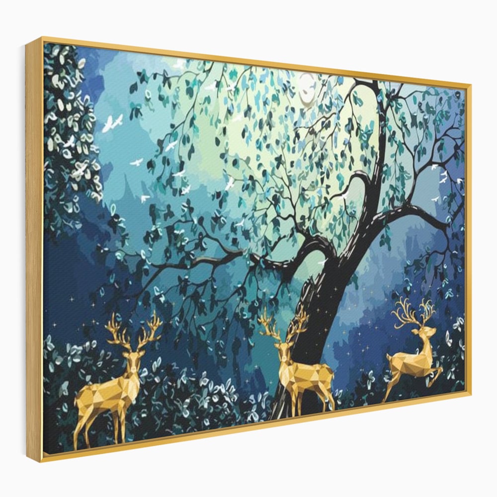 Fotoleinwand Canvas Premium, LuxCanva® M1244, Goldener Hirsch Tanz, Goldener Hirsch, Wald, Baum, Blätter, Nacht, Golden, Nacht, Golden, Hirsch, Magie, Hell, Mond, Mondlicht, Natur, Büro, Wohnen, Kinderzimmer