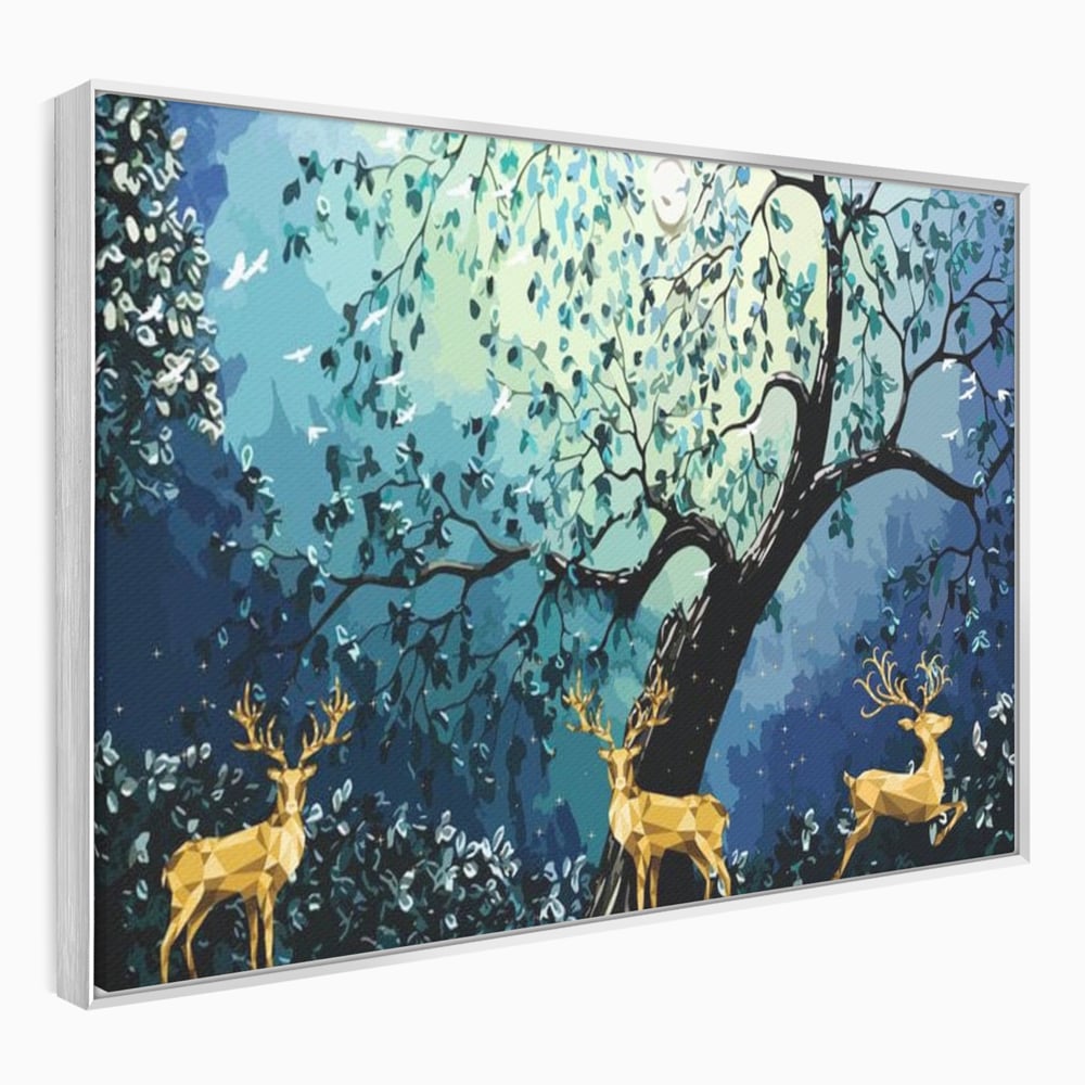 Fotoleinwand Canvas Premium, LuxCanva® M1244, Goldener Hirsch Tanz, Goldener Hirsch, Wald, Baum, Blätter, Nacht, Golden, Nacht, Golden, Hirsch, Magie, Hell, Mond, Mondlicht, Natur, Büro, Wohnen, Kinderzimmer