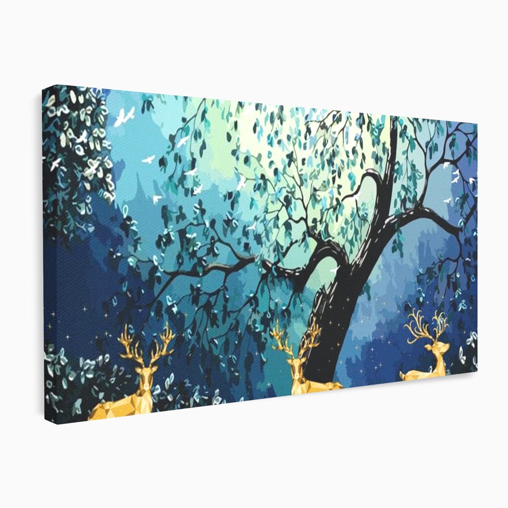 Fotoleinwand Canvas Premium, LuxCanva® M1244, Goldener Hirsch Tanz, Goldener Hirsch, Wald, Baum, Blätter, Nacht, Golden, Nacht, Golden, Hirsch, Magie, Hell, Mond, Mondlicht, Natur, Büro, Wohnen, Kinderzimmer