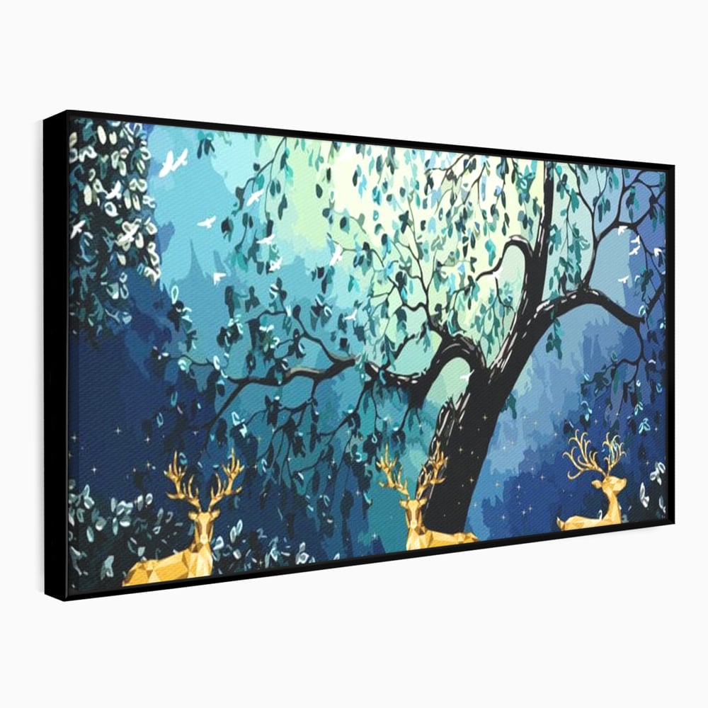Fotoleinwand Canvas Premium, LuxCanva® M1244, Goldener Hirsch Tanz, Goldener Hirsch, Wald, Baum, Blätter, Nacht, Golden, Nacht, Golden, Hirsch, Magie, Hell, Mond, Mondlicht, Natur, Büro, Wohnen, Kinderzimmer