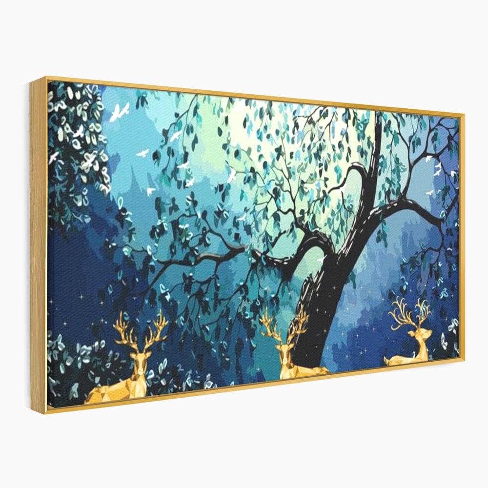 Fotoleinwand Canvas Premium, LuxCanva® M1244, Goldener Hirsch Tanz, Goldener Hirsch, Wald, Baum, Blätter, Nacht, Golden, Nacht, Golden, Hirsch, Magie, Hell, Mond, Mondlicht, Natur, Büro, Wohnen, Kinderzimmer
