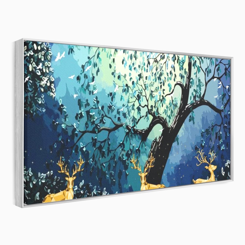 Fotoleinwand Canvas Premium, LuxCanva® M1244, Goldener Hirsch Tanz, Goldener Hirsch, Wald, Baum, Blätter, Nacht, Golden, Nacht, Golden, Hirsch, Magie, Hell, Mond, Mondlicht, Natur, Büro, Wohnen, Kinderzimmer