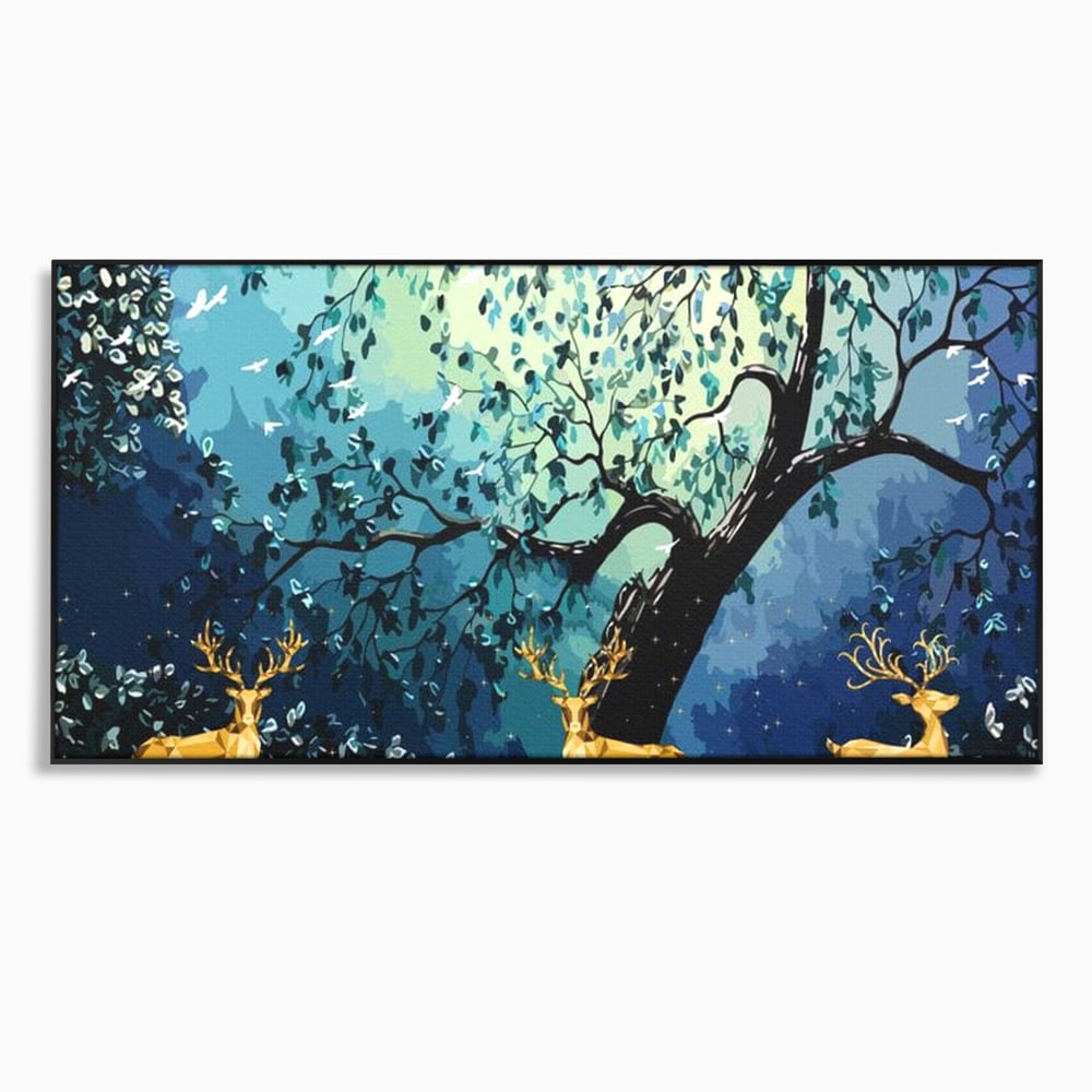Fotoleinwand Canvas Premium, LuxCanva® M1244, Goldener Hirsch Tanz, Goldener Hirsch, Wald, Baum, Blätter, Nacht, Golden, Nacht, Golden, Hirsch, Magie, Hell, Mond, Mondlicht, Natur, Büro, Wohnen, Kinderzimmer