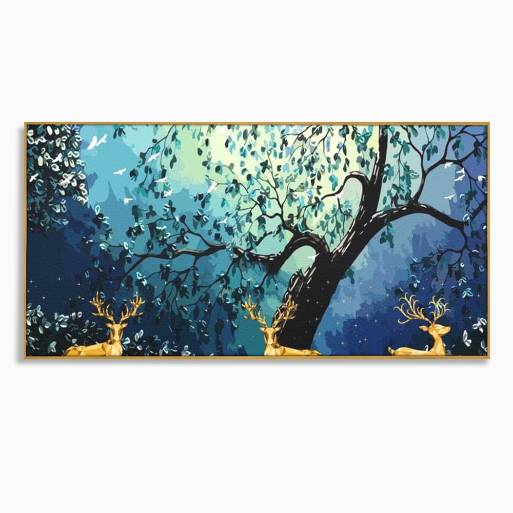 Fotoleinwand Canvas Premium, LuxCanva® M1244, Goldener Hirsch Tanz, Goldener Hirsch, Wald, Baum, Blätter, Nacht, Golden, Nacht, Golden, Hirsch, Magie, Hell, Mond, Mondlicht, Natur, Büro, Wohnen, Kinderzimmer