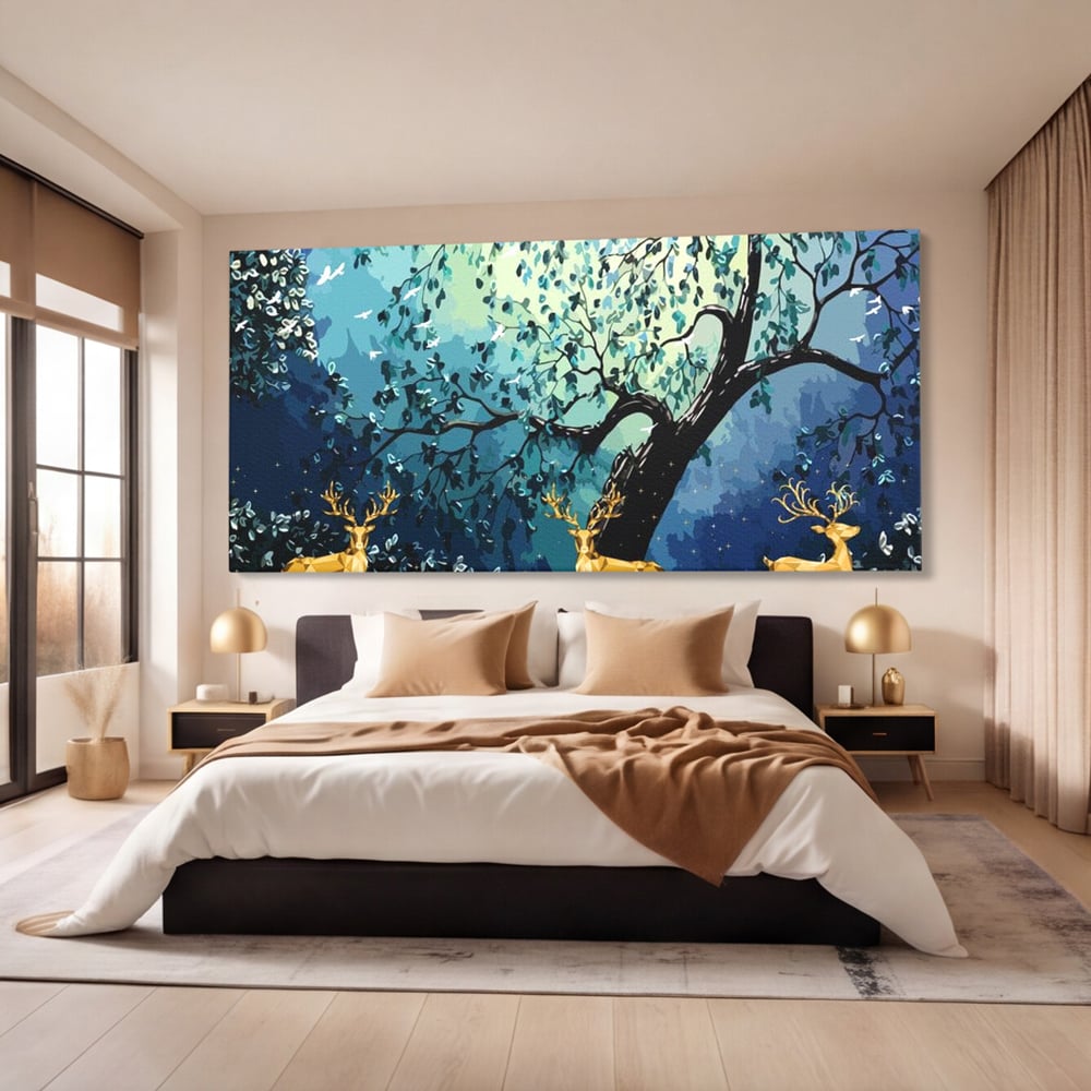 Fotoleinwand Canvas Premium, LuxCanva® M1244, Goldener Hirsch Tanz, Goldener Hirsch, Wald, Baum, Blätter, Nacht, Golden, Nacht, Golden, Hirsch, Magie, Hell, Mond, Mondlicht, Natur, Büro, Wohnen, Kinderzimmer