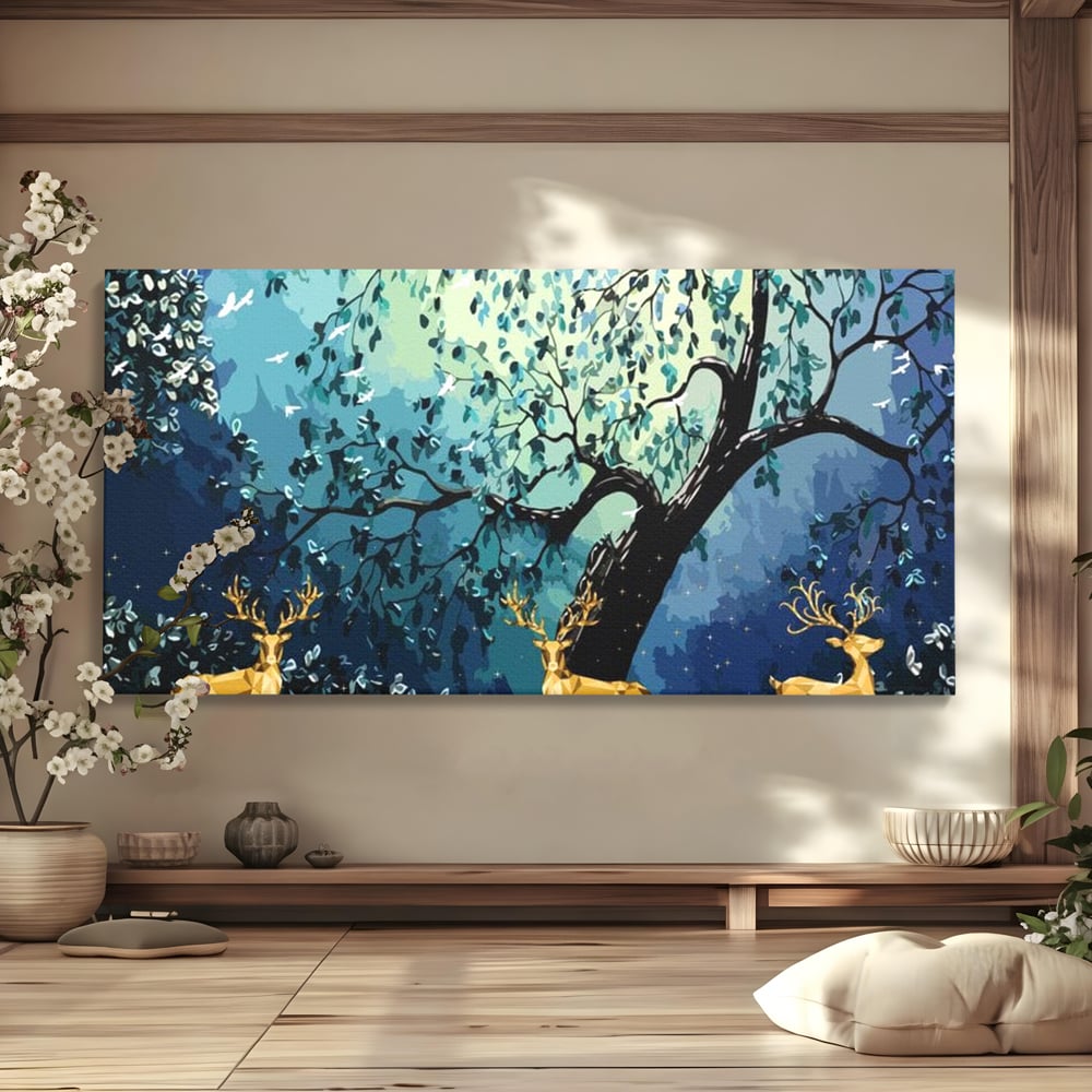 Fotoleinwand Canvas Premium, LuxCanva® M1244, Goldener Hirsch Tanz, Goldener Hirsch, Wald, Baum, Blätter, Nacht, Golden, Nacht, Golden, Hirsch, Magie, Hell, Mond, Mondlicht, Natur, Büro, Wohnen, Kinderzimmer