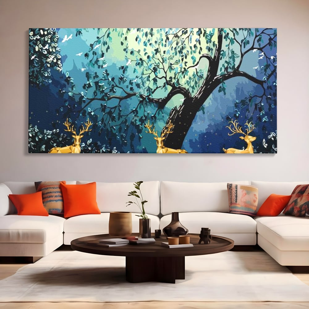 Fotoleinwand Canvas Premium, LuxCanva® M1244, Goldener Hirsch Tanz, Goldener Hirsch, Wald, Baum, Blätter, Nacht, Golden, Nacht, Golden, Hirsch, Magie, Hell, Mond, Mondlicht, Natur, Büro, Wohnen, Kinderzimmer