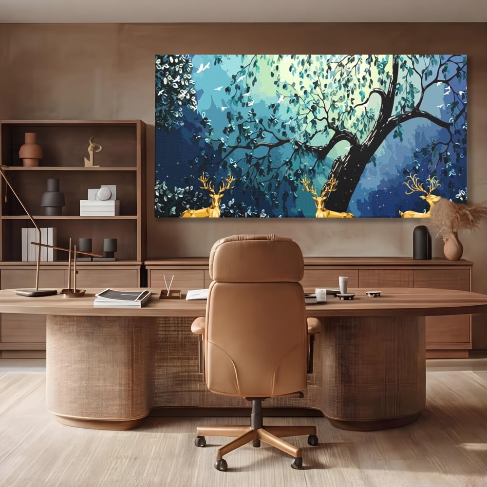 Fotoleinwand Canvas Premium, LuxCanva® M1244, Goldener Hirsch Tanz, Goldener Hirsch, Wald, Baum, Blätter, Nacht, Golden, Nacht, Golden, Hirsch, Magie, Hell, Mond, Mondlicht, Natur, Büro, Wohnen, Kinderzimmer