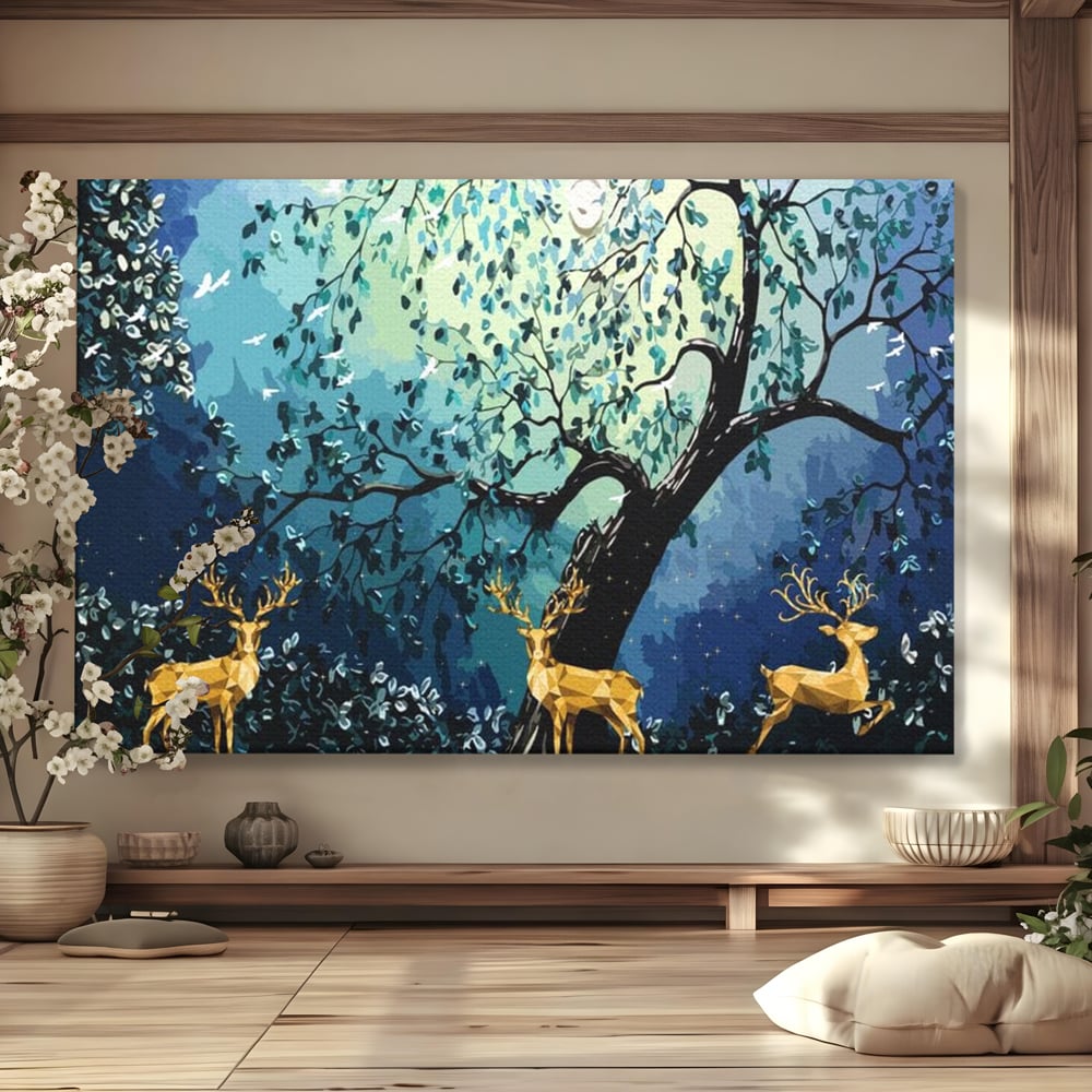 Fotoleinwand Canvas Premium, LuxCanva® M1244, Goldener Hirsch Tanz, Goldener Hirsch, Wald, Baum, Blätter, Nacht, Golden, Nacht, Golden, Hirsch, Magie, Hell, Mond, Mondlicht, Natur, Büro, Wohnen, Kinderzimmer