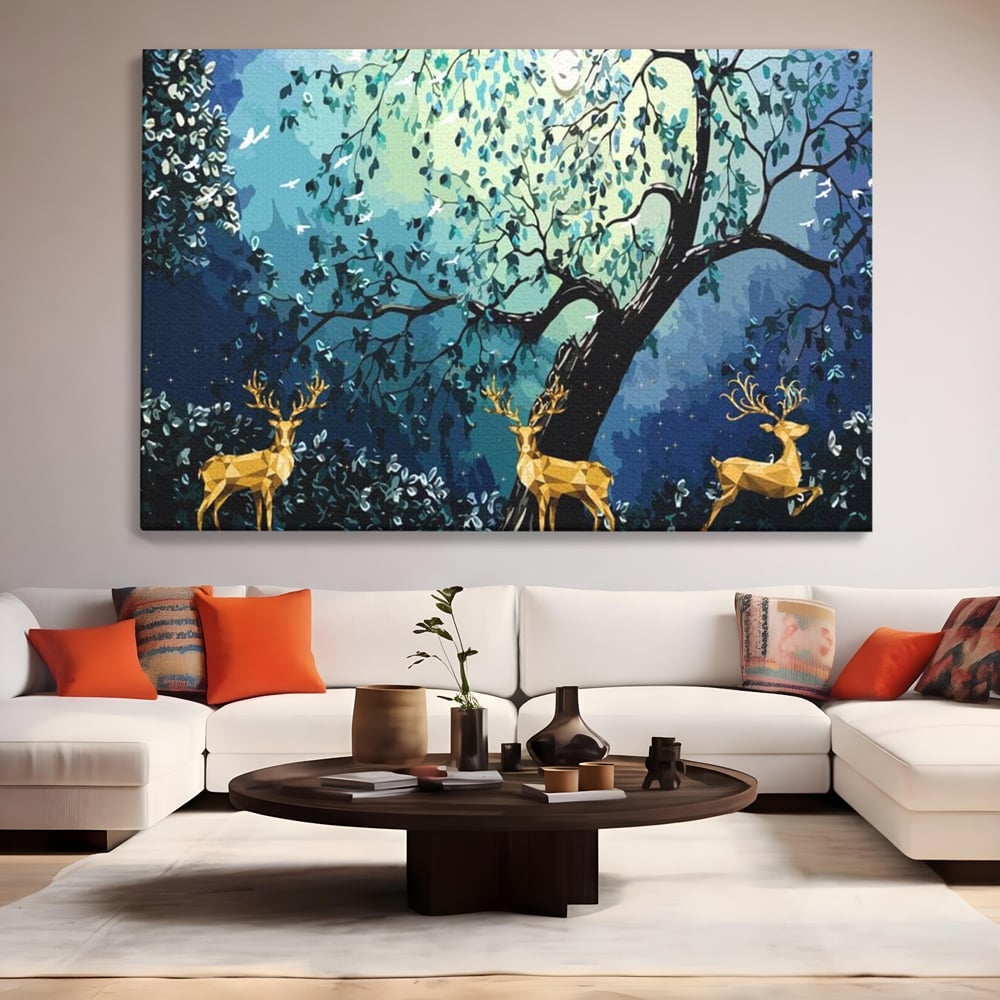 Fotoleinwand Canvas Premium, LuxCanva® M1244, Goldener Hirsch Tanz, Goldener Hirsch, Wald, Baum, Blätter, Nacht, Golden, Nacht, Golden, Hirsch, Magie, Hell, Mond, Mondlicht, Natur, Büro, Wohnen, Kinderzimmer
