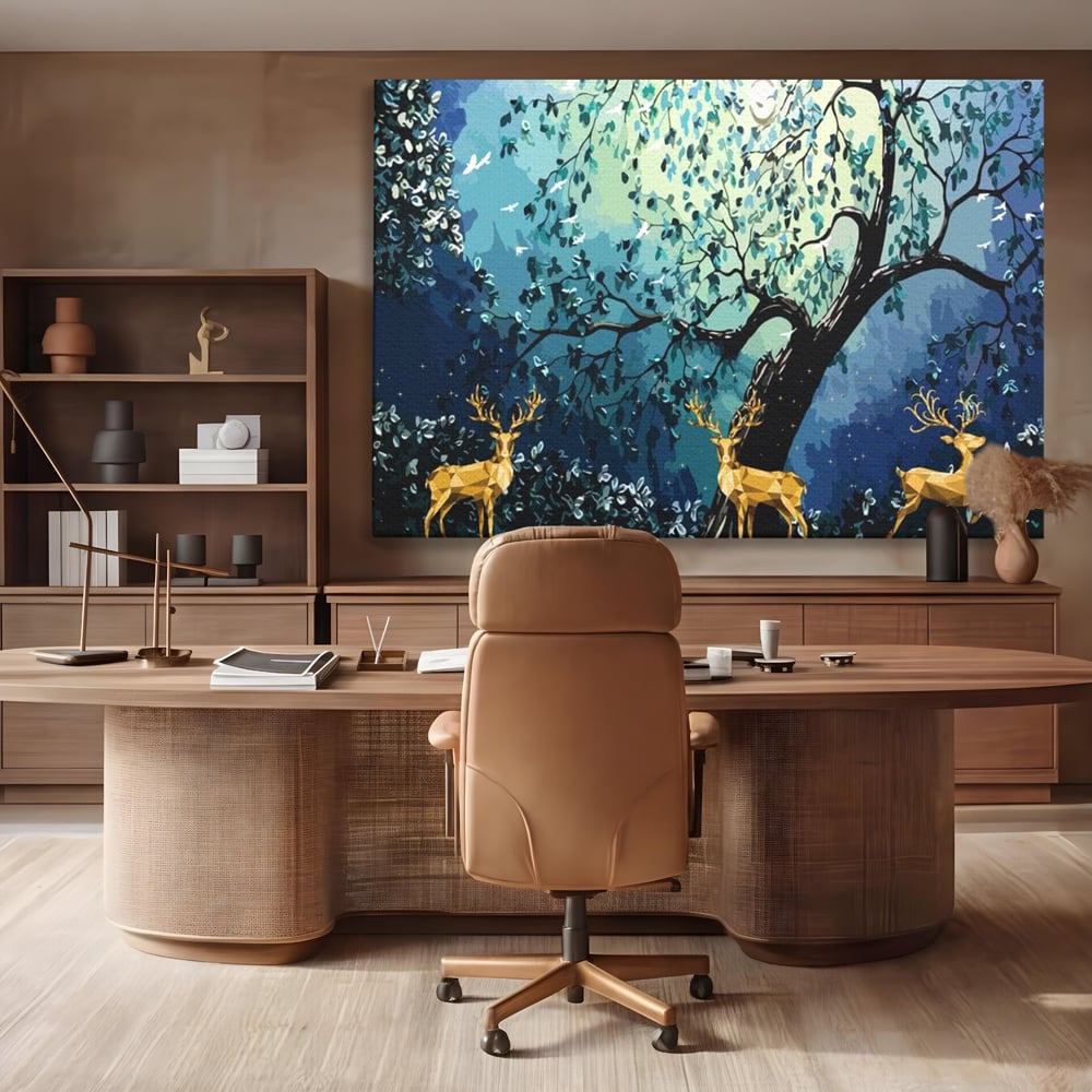 Fotoleinwand Canvas Premium, LuxCanva® M1244, Goldener Hirsch Tanz, Goldener Hirsch, Wald, Baum, Blätter, Nacht, Golden, Nacht, Golden, Hirsch, Magie, Hell, Mond, Mondlicht, Natur, Büro, Wohnen, Kinderzimmer