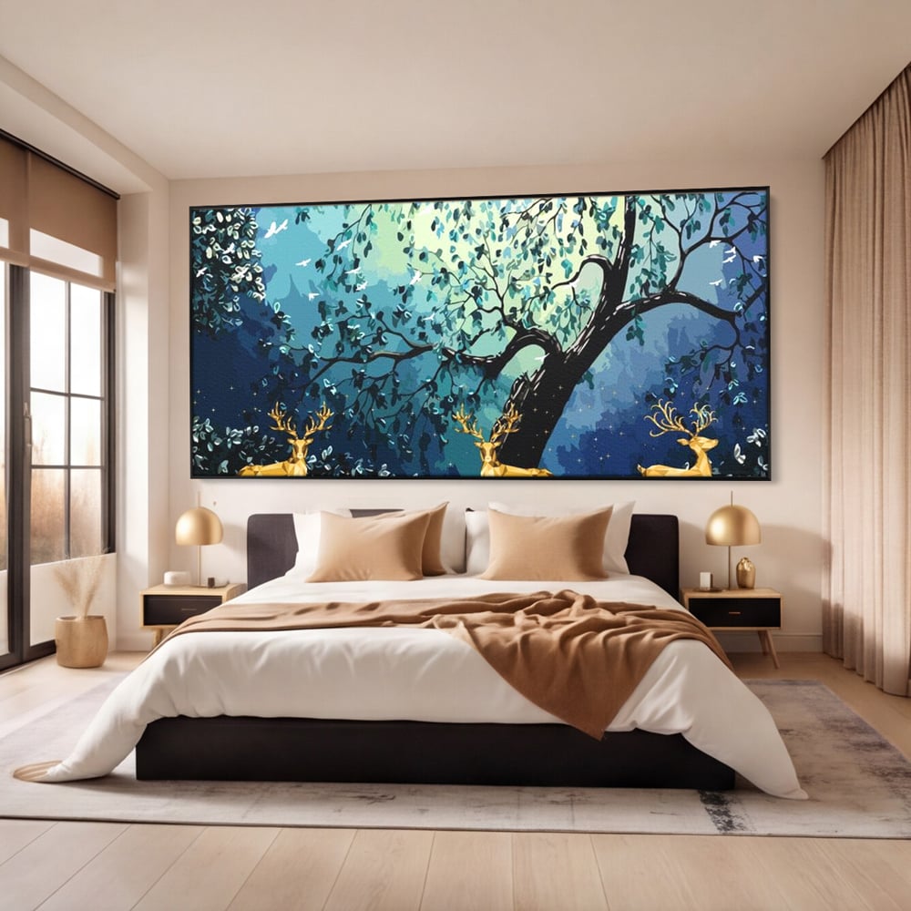 Fotoleinwand Canvas Premium, LuxCanva® M1244, Goldener Hirsch Tanz, Goldener Hirsch, Wald, Baum, Blätter, Nacht, Golden, Nacht, Golden, Hirsch, Magie, Hell, Mond, Mondlicht, Natur, Büro, Wohnen, Kinderzimmer