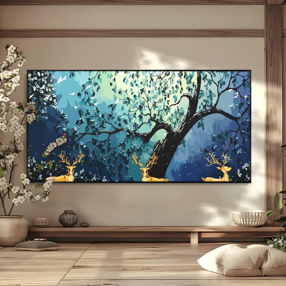 Fotoleinwand Canvas Premium, LuxCanva® M1244, Goldener Hirsch Tanz, Goldener Hirsch, Wald, Baum, Blätter, Nacht, Golden, Nacht, Golden, Hirsch, Magie, Hell, Mond, Mondlicht, Natur, Büro, Wohnen, Kinderzimmer