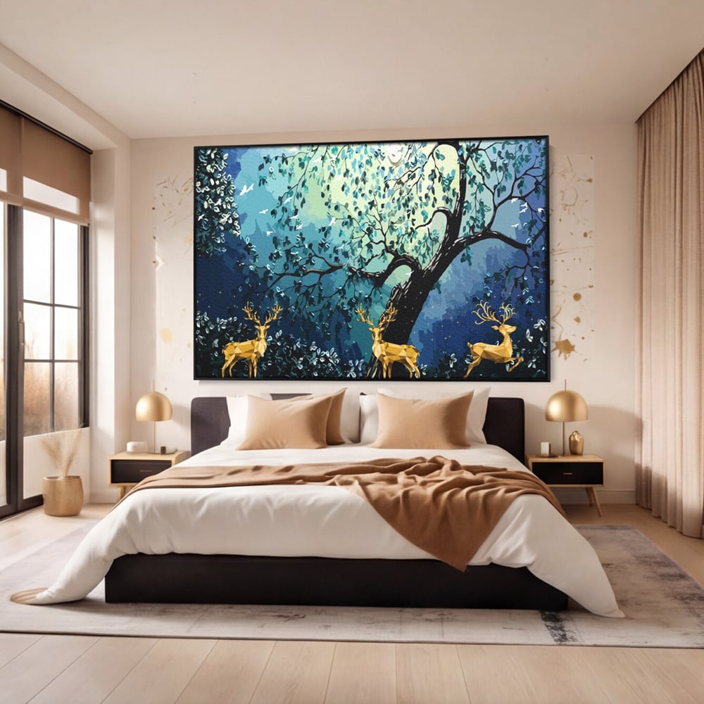 Fotoleinwand Canvas Premium, LuxCanva® M1244, Goldener Hirsch Tanz, Goldener Hirsch, Wald, Baum, Blätter, Nacht, Golden, Nacht, Golden, Hirsch, Magie, Hell, Mond, Mondlicht, Natur, Büro, Wohnen, Kinderzimmer