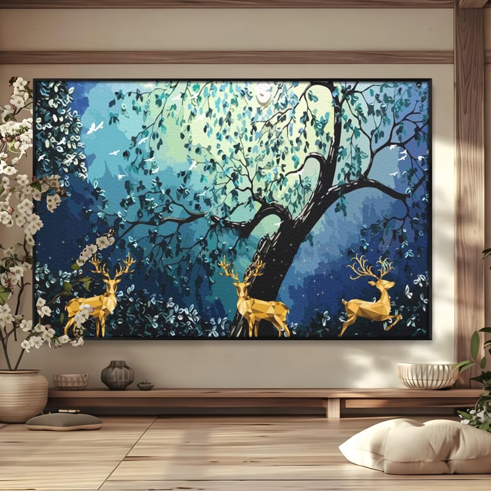 Fotoleinwand Canvas Premium, LuxCanva® M1244, Goldener Hirsch Tanz, Goldener Hirsch, Wald, Baum, Blätter, Nacht, Golden, Nacht, Golden, Hirsch, Magie, Hell, Mond, Mondlicht, Natur, Büro, Wohnen, Kinderzimmer
