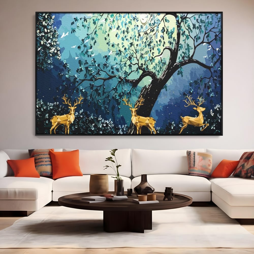 Fotoleinwand Canvas Premium, LuxCanva® M1244, Goldener Hirsch Tanz, Goldener Hirsch, Wald, Baum, Blätter, Nacht, Golden, Nacht, Golden, Hirsch, Magie, Hell, Mond, Mondlicht, Natur, Büro, Wohnen, Kinderzimmer