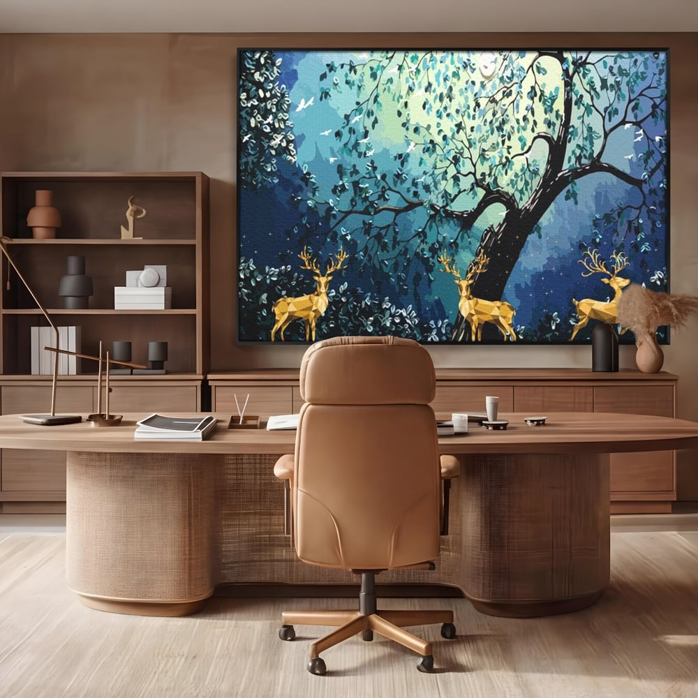 Fotoleinwand Canvas Premium, LuxCanva® M1244, Goldener Hirsch Tanz, Goldener Hirsch, Wald, Baum, Blätter, Nacht, Golden, Nacht, Golden, Hirsch, Magie, Hell, Mond, Mondlicht, Natur, Büro, Wohnen, Kinderzimmer