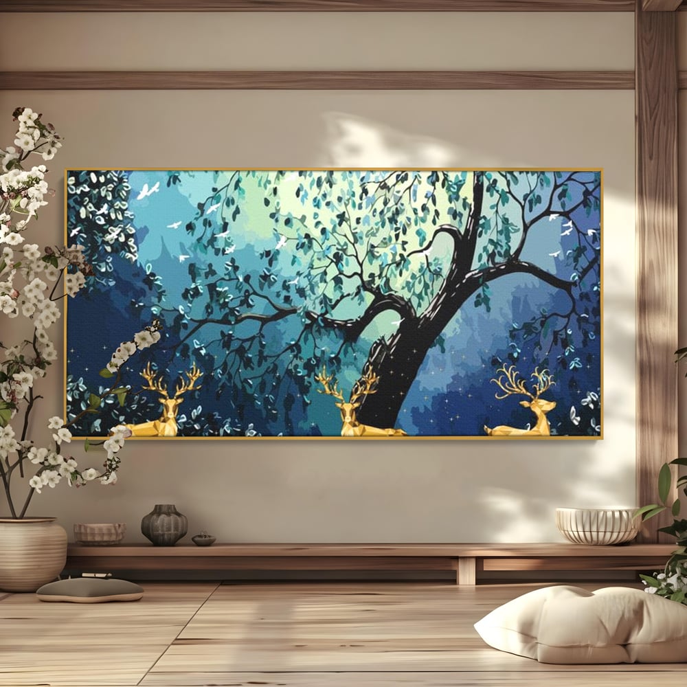 Fotoleinwand Canvas Premium, LuxCanva® M1244, Goldener Hirsch Tanz, Goldener Hirsch, Wald, Baum, Blätter, Nacht, Golden, Nacht, Golden, Hirsch, Magie, Hell, Mond, Mondlicht, Natur, Büro, Wohnen, Kinderzimmer