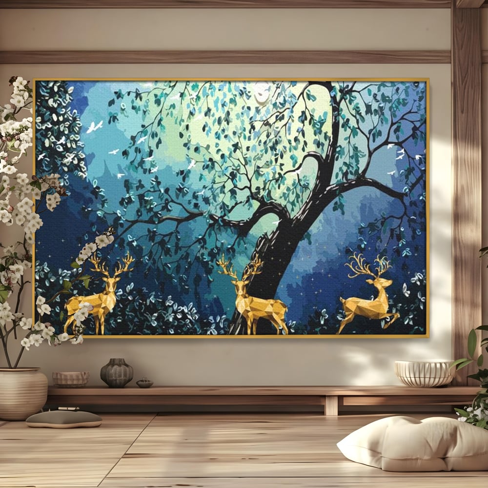 Fotoleinwand Canvas Premium, LuxCanva® M1244, Goldener Hirsch Tanz, Goldener Hirsch, Wald, Baum, Blätter, Nacht, Golden, Nacht, Golden, Hirsch, Magie, Hell, Mond, Mondlicht, Natur, Büro, Wohnen, Kinderzimmer