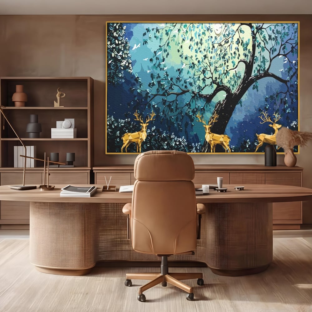 Fotoleinwand Canvas Premium, LuxCanva® M1244, Goldener Hirsch Tanz, Goldener Hirsch, Wald, Baum, Blätter, Nacht, Golden, Nacht, Golden, Hirsch, Magie, Hell, Mond, Mondlicht, Natur, Büro, Wohnen, Kinderzimmer