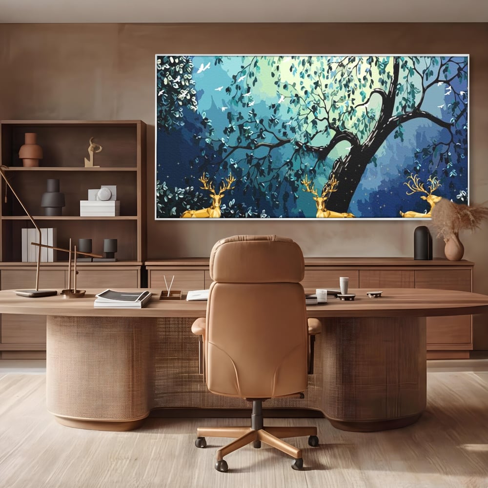 Fotoleinwand Canvas Premium, LuxCanva® M1244, Goldener Hirsch Tanz, Goldener Hirsch, Wald, Baum, Blätter, Nacht, Golden, Nacht, Golden, Hirsch, Magie, Hell, Mond, Mondlicht, Natur, Büro, Wohnen, Kinderzimmer