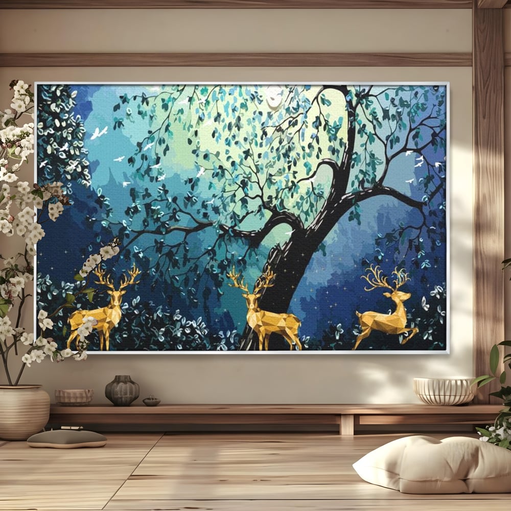 Fotoleinwand Canvas Premium, LuxCanva® M1244, Goldener Hirsch Tanz, Goldener Hirsch, Wald, Baum, Blätter, Nacht, Golden, Nacht, Golden, Hirsch, Magie, Hell, Mond, Mondlicht, Natur, Büro, Wohnen, Kinderzimmer