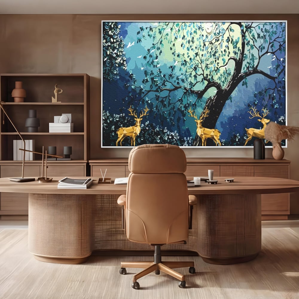 Fotoleinwand Canvas Premium, LuxCanva® M1244, Goldener Hirsch Tanz, Goldener Hirsch, Wald, Baum, Blätter, Nacht, Golden, Nacht, Golden, Hirsch, Magie, Hell, Mond, Mondlicht, Natur, Büro, Wohnen, Kinderzimmer