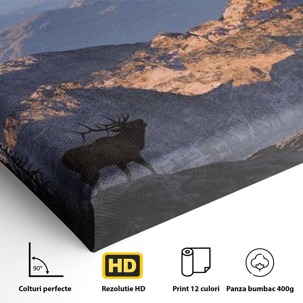 Tablou Canvas Premium, LuxCanva® M1245, Printre Nori si Stanci, Elan, Munti, Peisaj, Copaci, Apus, Natura, Mamifer, Orizont, Solitudine, Cer, Nori, Birou, Living, Camera Copil