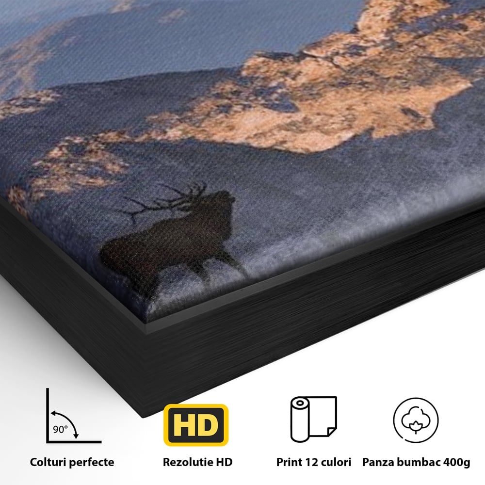 Tablou Canvas Premium, LuxCanva® M1245, Printre Nori si Stanci, Elan, Munti, Peisaj, Copaci, Apus, Natura, Mamifer, Orizont, Solitudine, Cer, Nori, Birou, Living, Camera Copil