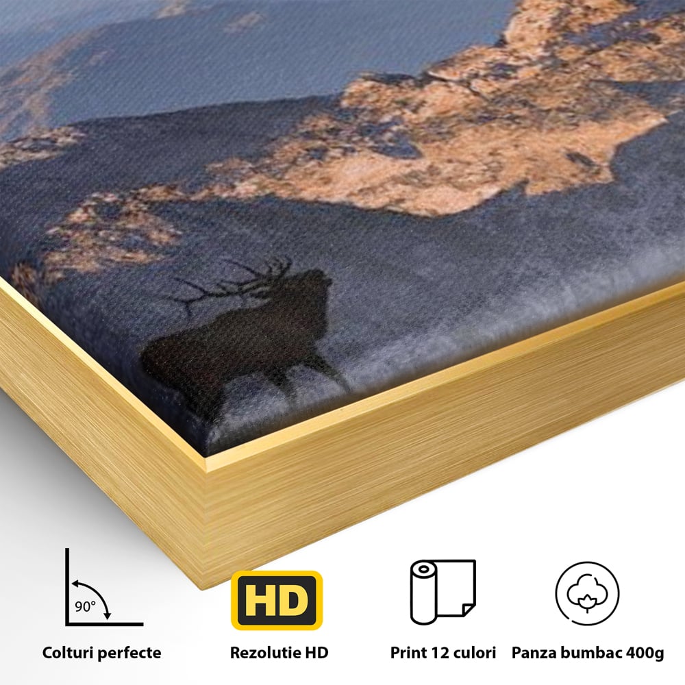 Tablou Canvas Premium, LuxCanva® M1245, Printre Nori si Stanci, Elan, Munti, Peisaj, Copaci, Apus, Natura, Mamifer, Orizont, Solitudine, Cer, Nori, Birou, Living, Camera Copil