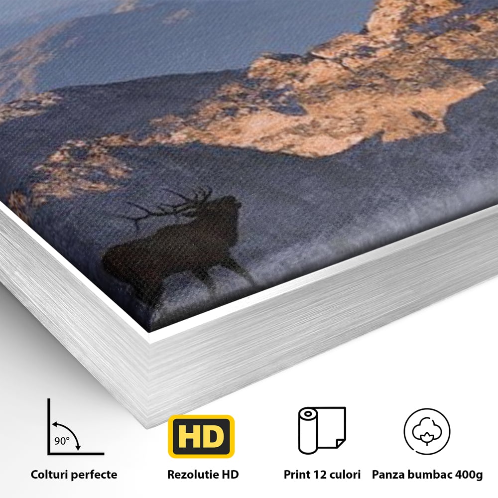 Tablou Canvas Premium, LuxCanva® M1245, Printre Nori si Stanci, Elan, Munti, Peisaj, Copaci, Apus, Natura, Mamifer, Orizont, Solitudine, Cer, Nori, Birou, Living, Camera Copil
