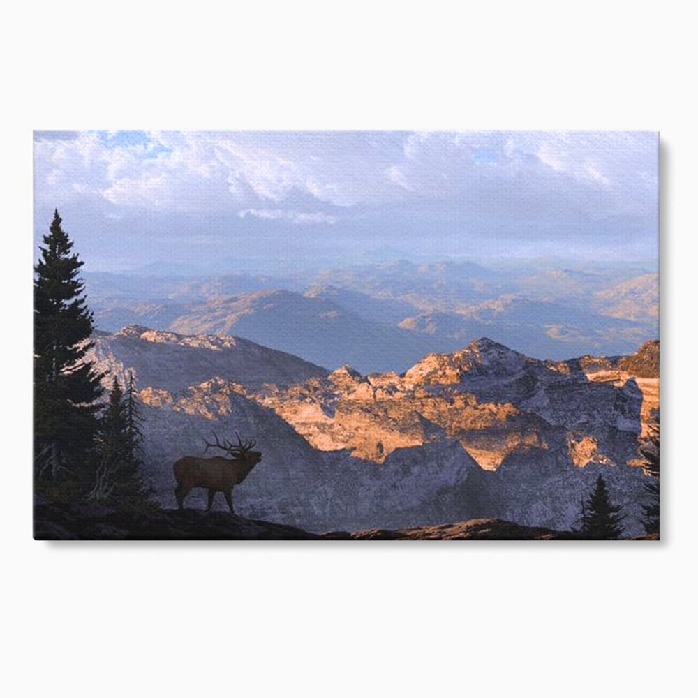 Tablou Canvas Premium, LuxCanva® M1245, Printre Nori si Stanci, Elan, Munti, Peisaj, Copaci, Apus, Natura, Mamifer, Orizont, Solitudine, Cer, Nori, Birou, Living, Camera Copil