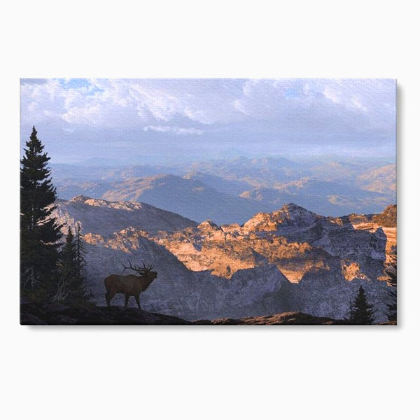 Tablou Canvas Premium, LuxCanva® M1245, Printre Nori si Stanci, Elan, Munti, Peisaj, Copaci, Apus, Natura, Mamifer, Orizont, Solitudine, Cer, Nori, Birou, Living, Camera Copil