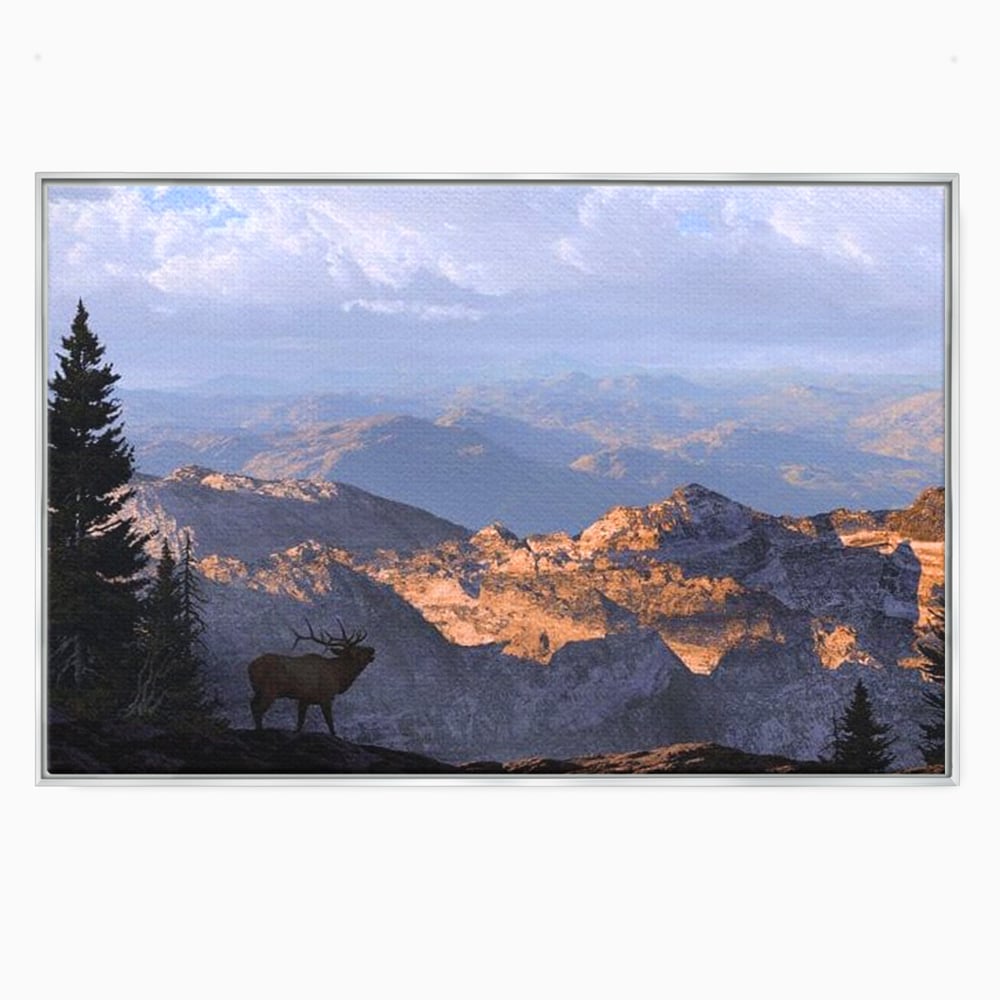 Tablou Canvas Premium, LuxCanva® M1245, Printre Nori si Stanci, Elan, Munti, Peisaj, Copaci, Apus, Natura, Mamifer, Orizont, Solitudine, Cer, Nori, Birou, Living, Camera Copil