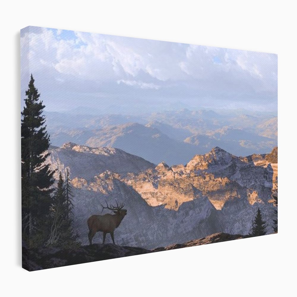Tablou Canvas Premium, LuxCanva® M1245, Printre Nori si Stanci, Elan, Munti, Peisaj, Copaci, Apus, Natura, Mamifer, Orizont, Solitudine, Cer, Nori, Birou, Living, Camera Copil