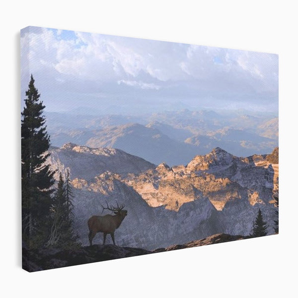 Tablou Canvas Premium, LuxCanva® M1245, Printre Nori si Stanci, Elan, Munti, Peisaj, Copaci, Apus, Natura, Mamifer, Orizont, Solitudine, Cer, Nori, Birou, Living, Camera Copil