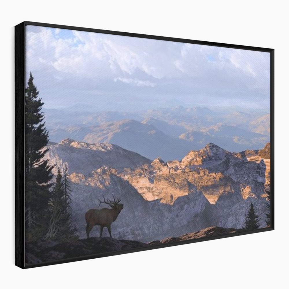 Tablou Canvas Premium, LuxCanva® M1245, Printre Nori si Stanci, Elan, Munti, Peisaj, Copaci, Apus, Natura, Mamifer, Orizont, Solitudine, Cer, Nori, Birou, Living, Camera Copil