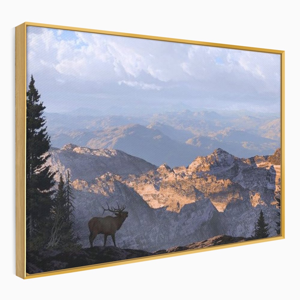 Tablou Canvas Premium, LuxCanva® M1245, Printre Nori si Stanci, Elan, Munti, Peisaj, Copaci, Apus, Natura, Mamifer, Orizont, Solitudine, Cer, Nori, Birou, Living, Camera Copil