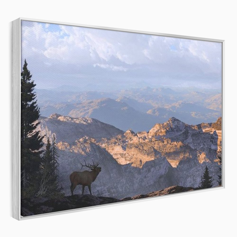 Tablou Canvas Premium, LuxCanva® M1245, Printre Nori si Stanci, Elan, Munti, Peisaj, Copaci, Apus, Natura, Mamifer, Orizont, Solitudine, Cer, Nori, Birou, Living, Camera Copil