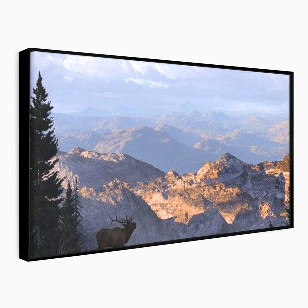Tablou Canvas Premium, LuxCanva® M1245, Printre Nori si Stanci, Elan, Munti, Peisaj, Copaci, Apus, Natura, Mamifer, Orizont, Solitudine, Cer, Nori, Birou, Living, Camera Copil