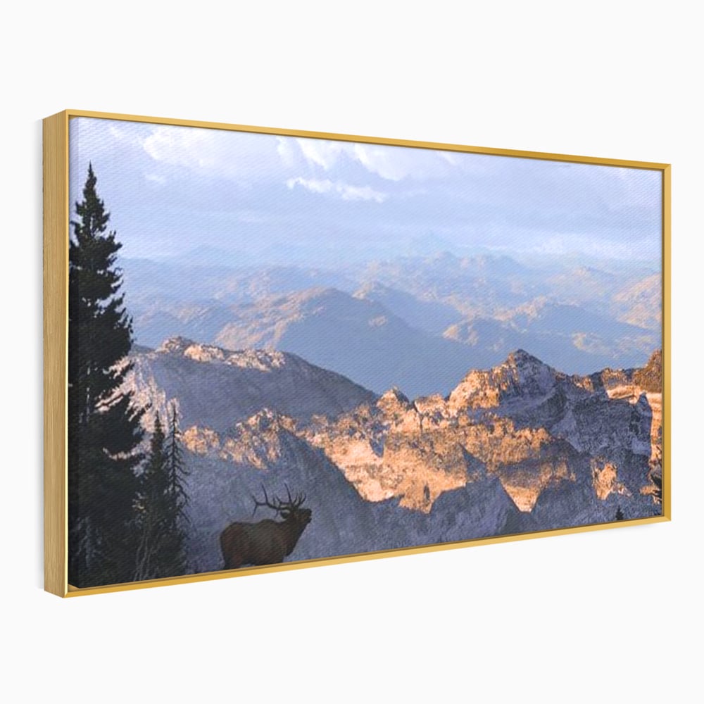 Tablou Canvas Premium, LuxCanva® M1245, Printre Nori si Stanci, Elan, Munti, Peisaj, Copaci, Apus, Natura, Mamifer, Orizont, Solitudine, Cer, Nori, Birou, Living, Camera Copil