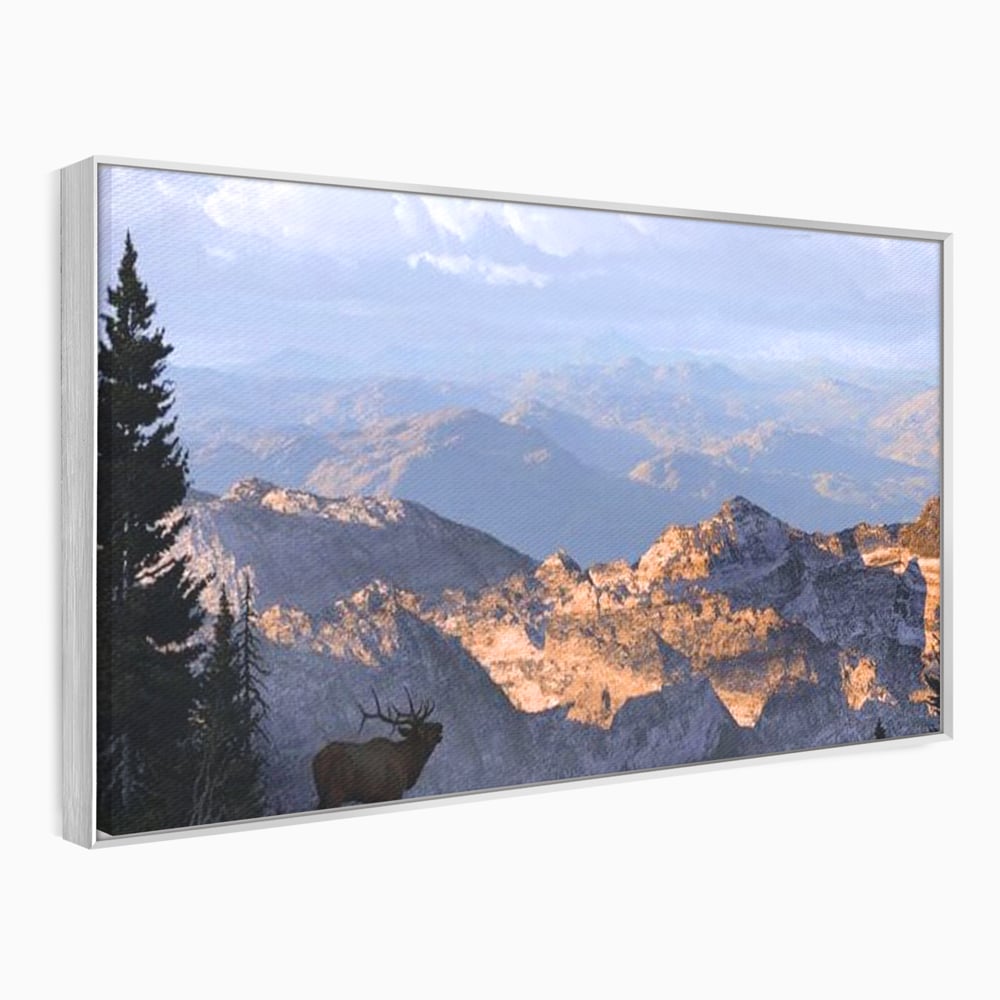 Tablou Canvas Premium, LuxCanva® M1245, Printre Nori si Stanci, Elan, Munti, Peisaj, Copaci, Apus, Natura, Mamifer, Orizont, Solitudine, Cer, Nori, Birou, Living, Camera Copil