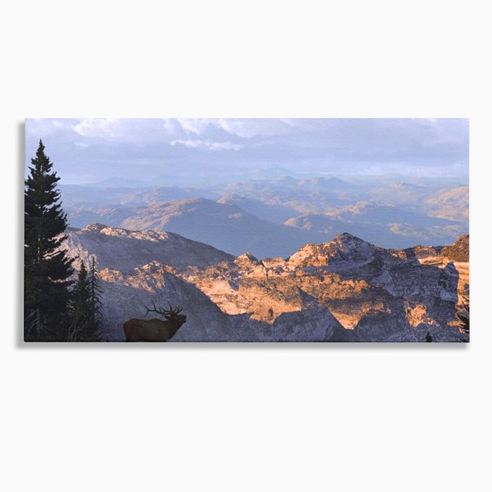 Tablou Canvas Premium, LuxCanva® M1245, Printre Nori si Stanci, Elan, Munti, Peisaj, Copaci, Apus, Natura, Mamifer, Orizont, Solitudine, Cer, Nori, Birou, Living, Camera Copil