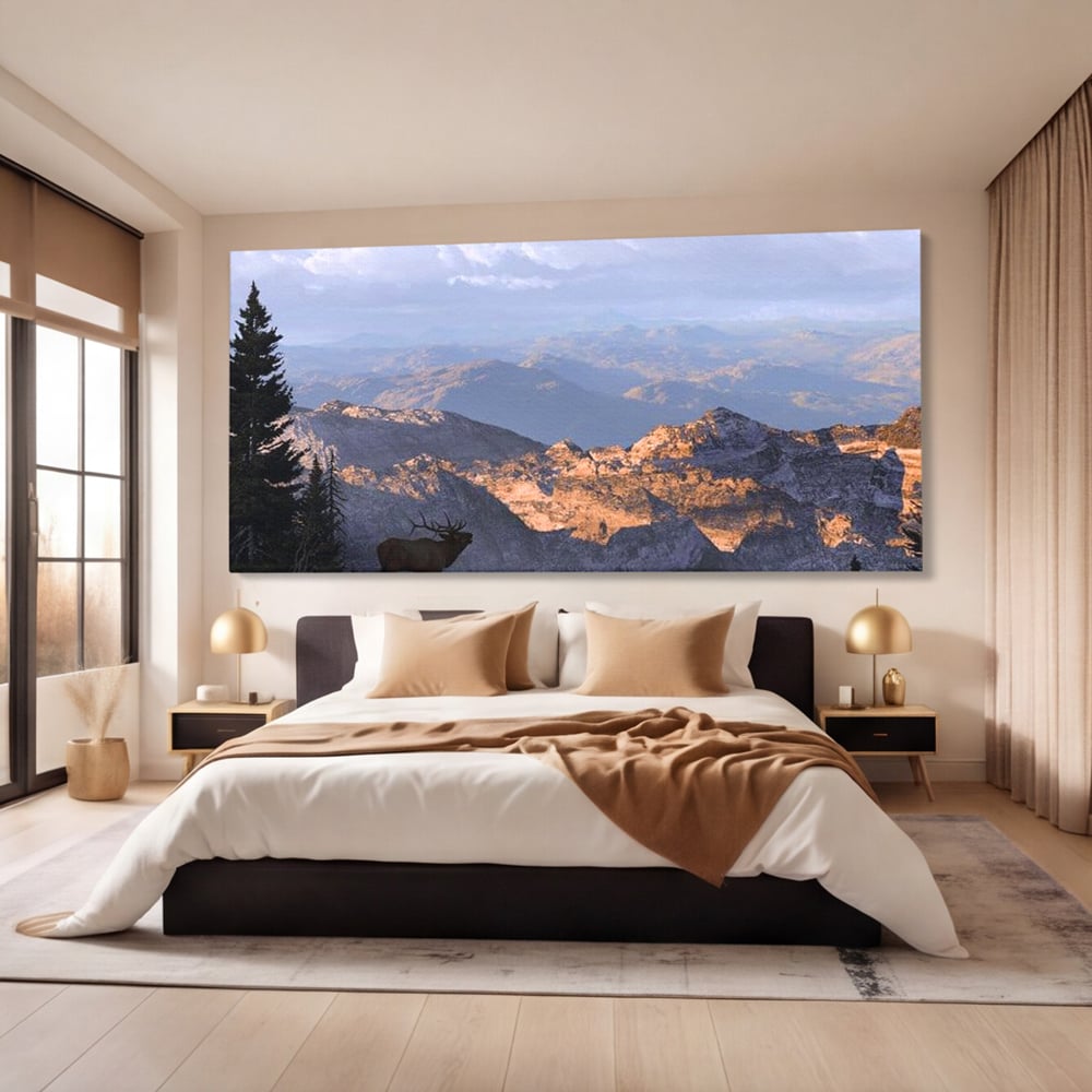 Tablou Canvas Premium, LuxCanva® M1245, Printre Nori si Stanci, Elan, Munti, Peisaj, Copaci, Apus, Natura, Mamifer, Orizont, Solitudine, Cer, Nori, Birou, Living, Camera Copil